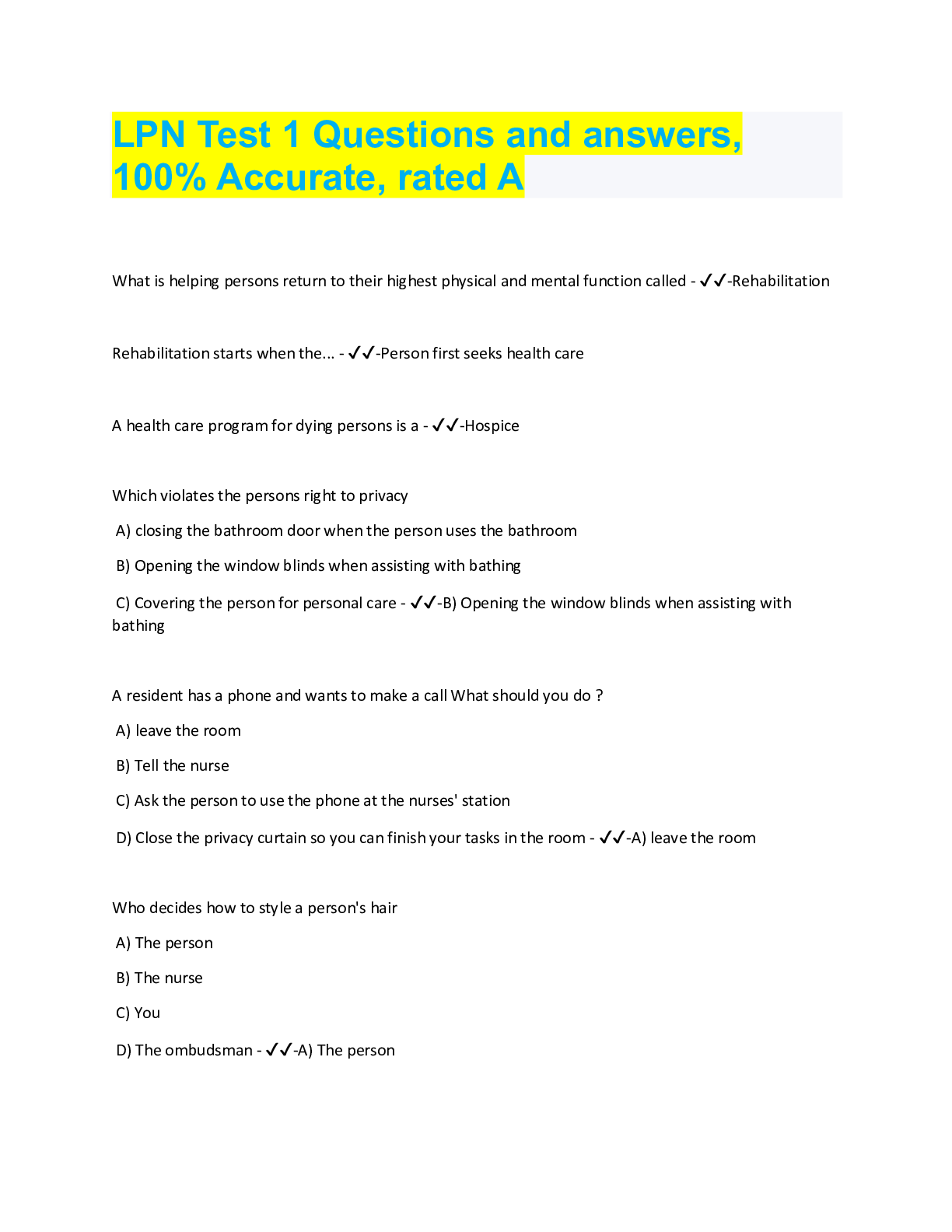 Preview image for LPN Test 1 Questions and answers,  100% Accurate, rated A